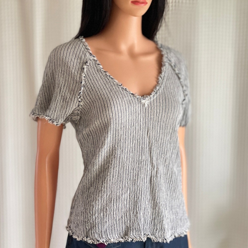Maven West Grey Striped Linen Blend Frayed V-Neck Top Short Sleeve Boho Retro S‎